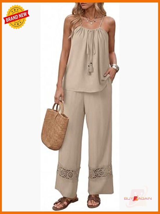 Pants - 2 Piece Sets for Women Summer Spaghetti Strap Tie Knot Top Lace Wide Leg Pants